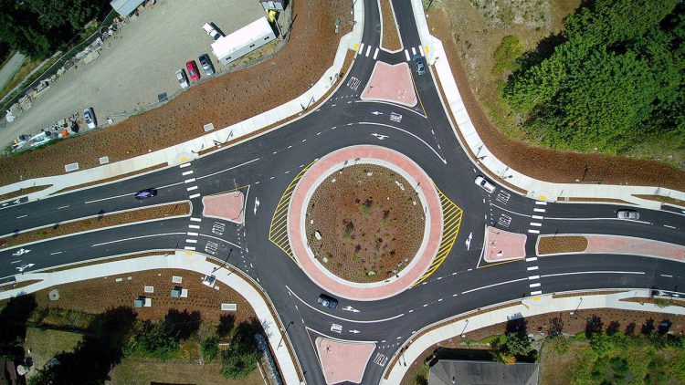 Photo: Arial view of a 4-leg roundabout intersection